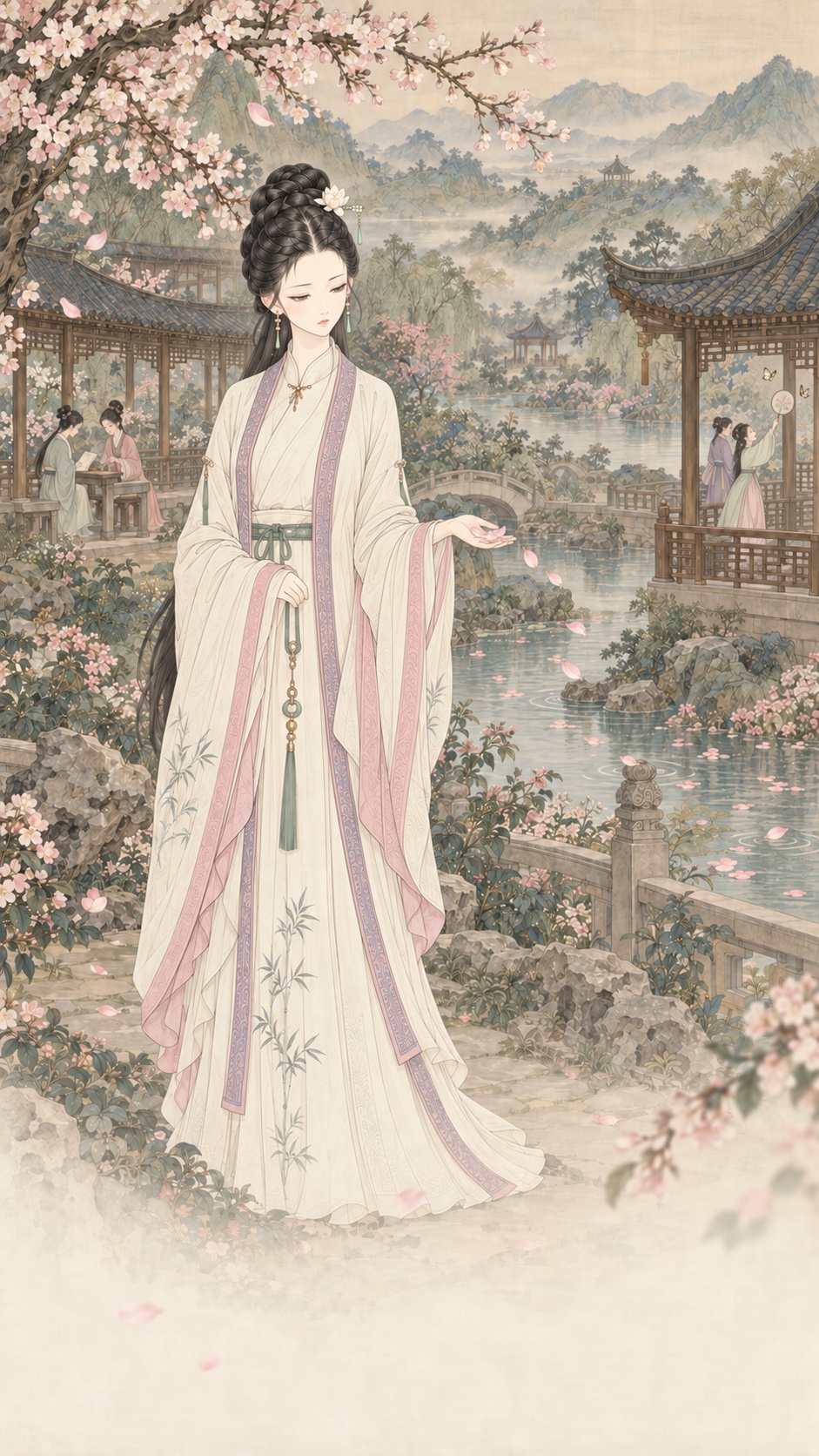 林黛玉掌中花瓣随风落水，园中女子持扇扑蝶