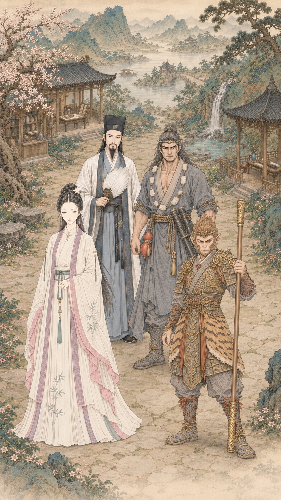 林黛玉、诸葛亮、武松与孙悟空错落站在《时，遇》园林庭院中