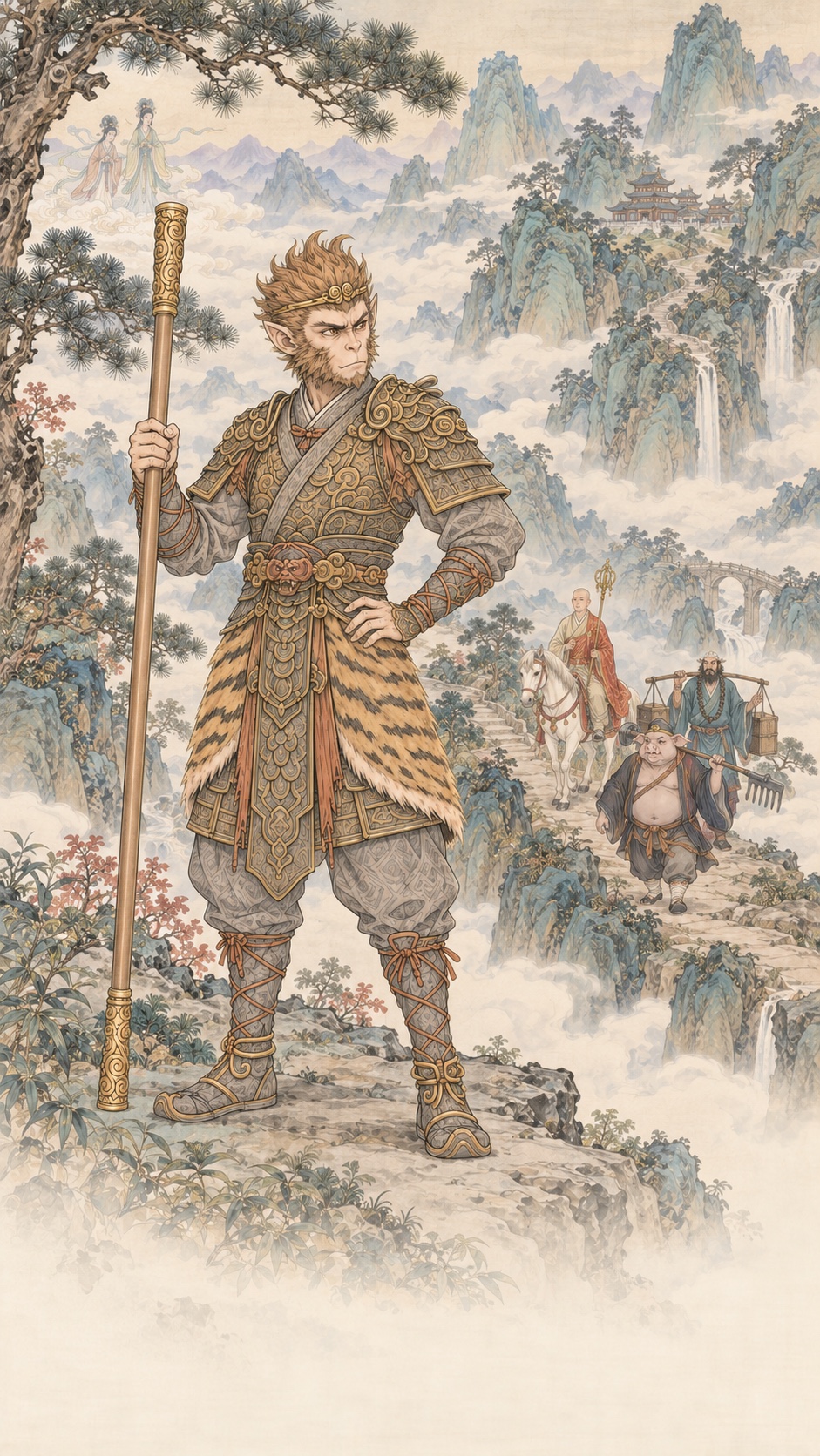 孙悟空持金箍棒立于山间，取经同伴沿云海山路前行
