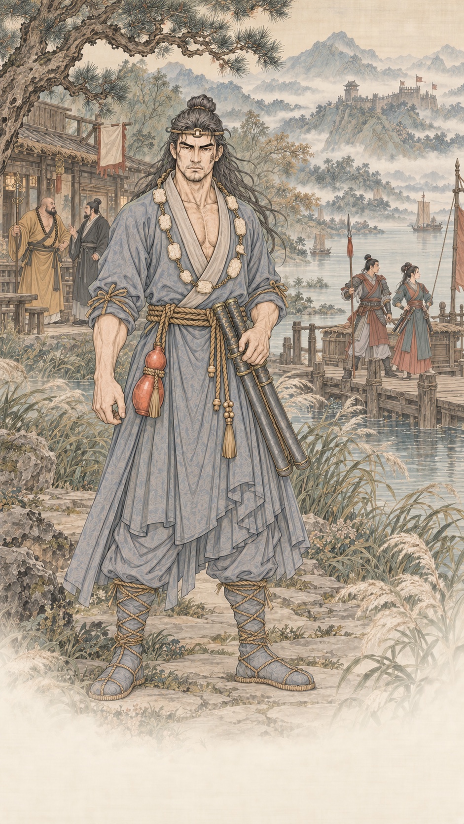 武松立于水泊渡口，男女好汉在客栈与渡船旁相聚